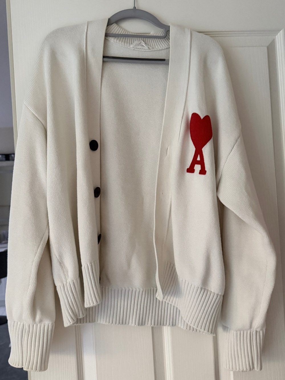 Ami Cream Knit Cardigan with Red Heart 'A' Patch